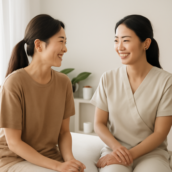 편안한 분위기에서 고객과 소통하는 마사지 관리사