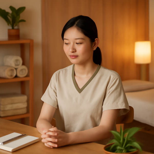 마사지 관리사가 업무 후 휴식하는 모습을 부드러운 조명 아래 담은 사진