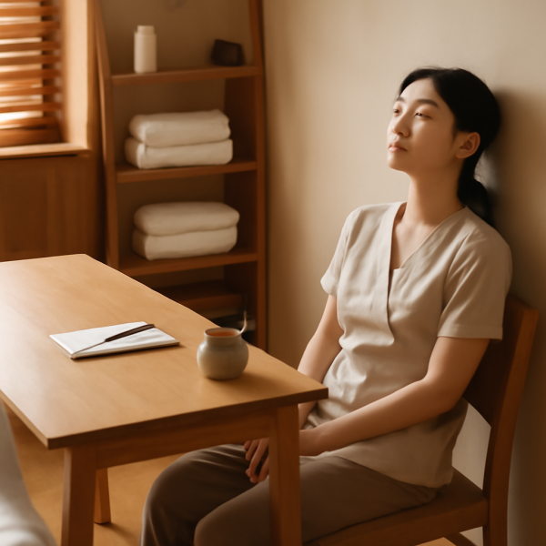 마사지 관리사가 업무를 마치고 정돈된 공간에서 휴식하는 모습