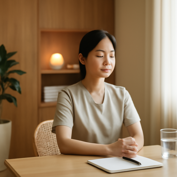 마사지 관리사가 편안한 업무 환경에서 휴식을 취하는 모습