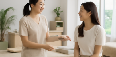 마사지 관리사가 고객과 친근하게 소통하는 넓은 마사지샵 내부 풍경