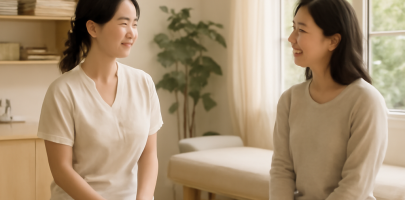 마사지샵에서 고객과 관리사가 친근하게 대화하는 장면