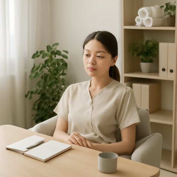 마사지 관리사가 근무 후 휴식을 취하며 체력 관리를 하는 모습