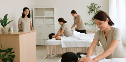 마사지샵에서 업무 중인 관리사들의 넓은 작업 공간 전경