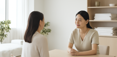 마사지샵에서 관리사와 고객이 신뢰를 쌓는 상담 장면