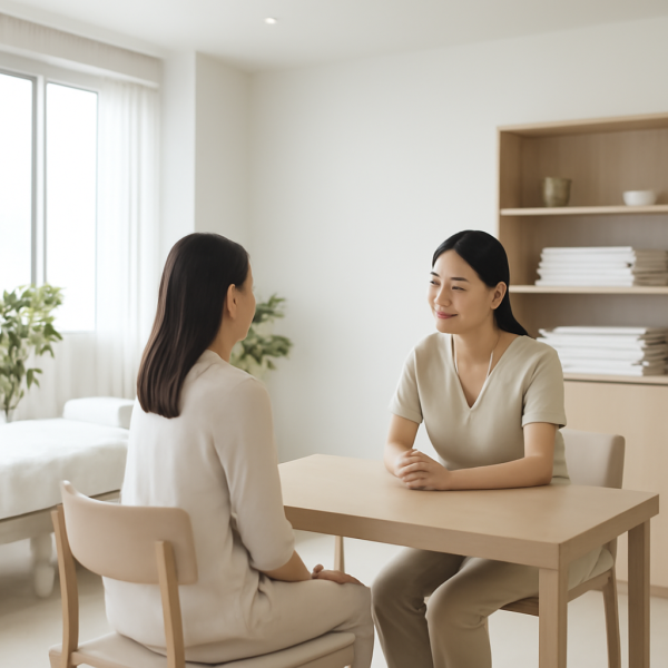 마사지샵에서 관리사와 고객이 신뢰를 쌓는 상담 장면