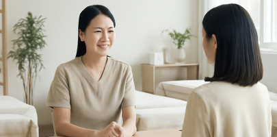 마사지샵에서 상담 중인 마사지 관리사와 고객의 넓은 공간 이미지
