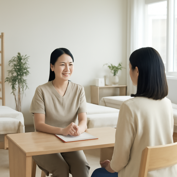 마사지샵에서 상담 중인 마사지 관리사와 고객의 넓은 공간 이미지