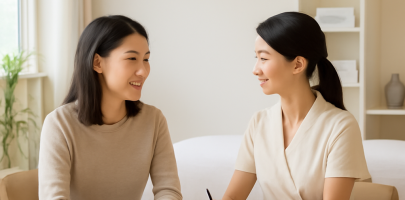 마사지샵에서 고객과 관리사가 신뢰를 형성하는 상담 장면