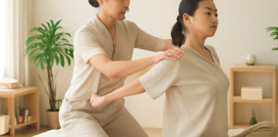 마사지 관리사가 편안한 환경에서 신체 스트레칭을 하는 장면