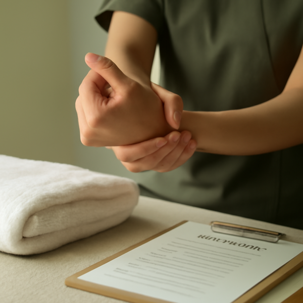 마사지 관리사가 손목 스트레칭과 피로 체크를 하는 모습