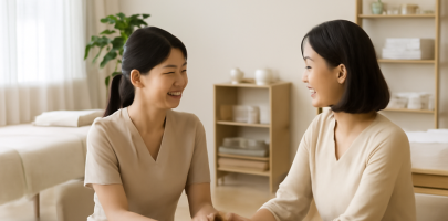 마사지샵에서 관리사와 고객이 미소 지으며 상담하는 장면
