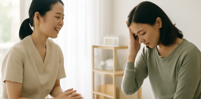 마사지 관리사가 근무 중 고객과 소통하며 심리적 스트레스를 인지하는 모습