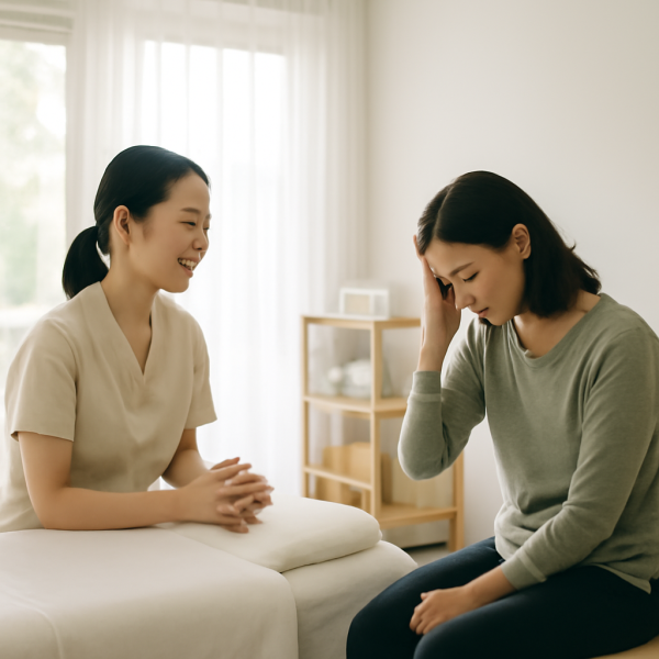 마사지 관리사가 근무 중 고객과 소통하며 심리적 스트레스를 인지하는 모습