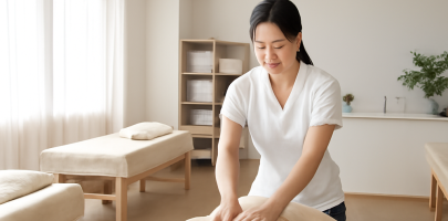 마사지 관리사가 올바른 자세로 근무하는 넓은 샵 내부 풍경