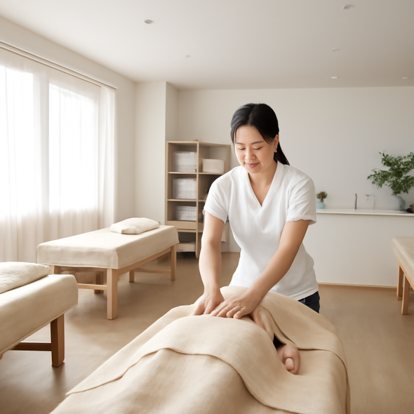 마사지 관리사가 올바른 자세로 근무하는 넓은 샵 내부 풍경
