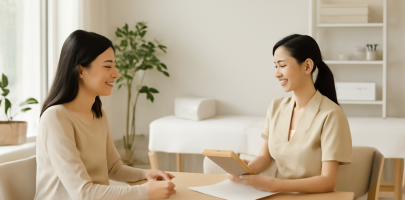 마사지 관리사가 고객과 상담하며 맞춤형 서비스를 계획하는 모습