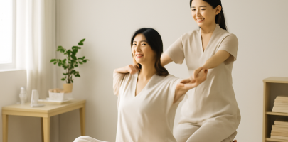 마사지 관리사가 작업 전 스트레칭하는 모습