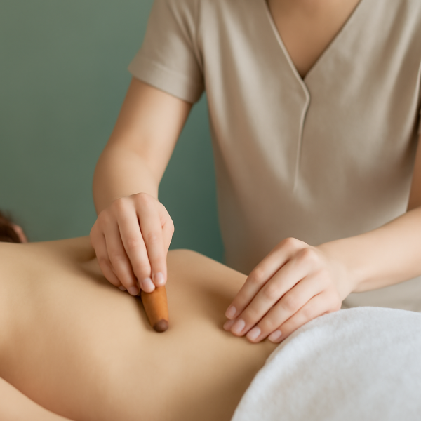 마사지 관리사가 고객 상태를 점검하며 손으로 섬세하게 마사지하는 모습 클로즈업