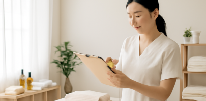 마사지 관리사가 업무 전 체크리스트를 확인하는 넓은 샵 내부 모습