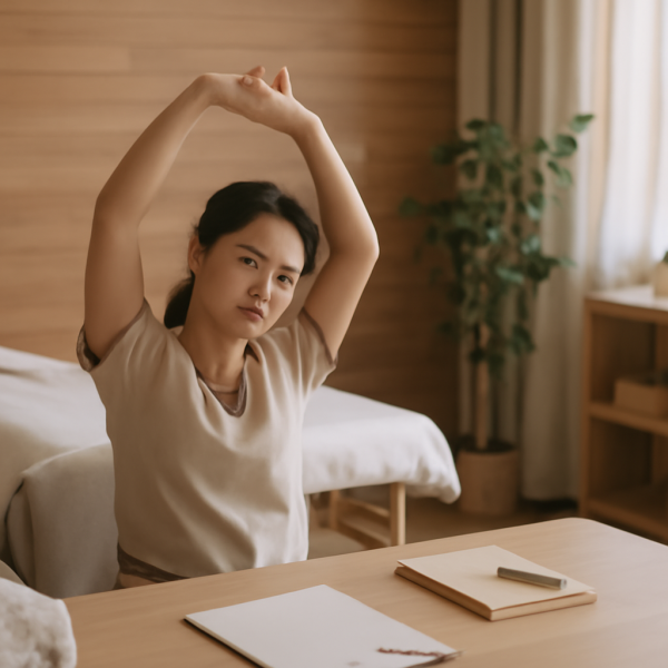마사지 관리사가 업무 후 스트레칭하며 체력을 관리하는 편안한 분위기
