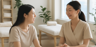 마사지 관리사가 고객과 상담하며 맞춤 서비스를 준비하는 넓은 마사지샵 내부 모습
