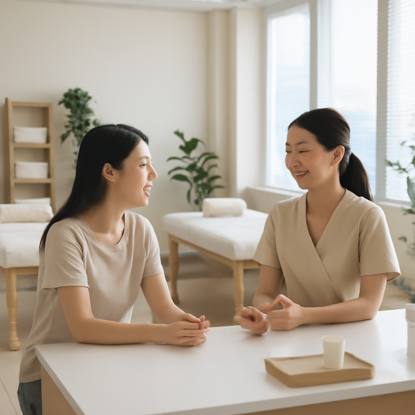 마사지 관리사가 고객과 상담하며 맞춤 서비스를 준비하는 넓은 마사지샵 내부 모습