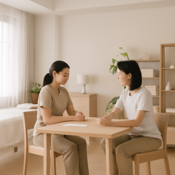 마사지샵에서 고객과 상담 중인 마사지 관리사 모습