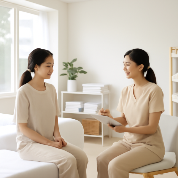 마사지 관리사가 고객과 상담하며 친절하게 응대하는 전문적인 모습