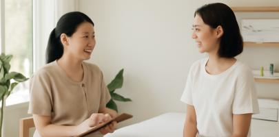 마사지 관리사가 고객과 상담하며 맞춤 서비스 계획을 세우는 모습