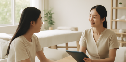 마사지 관리사와 고객이 상담하는 넓은 마사지샵 내부 전경