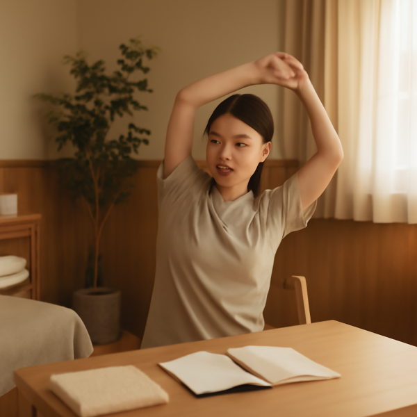 마사지 관리사가 업무 중간 휴식을 취하며 스트레칭하는 모습