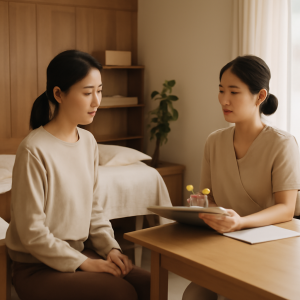 마사지샵의 편안한 상담 공간과 고객 맞춤 대화 모습