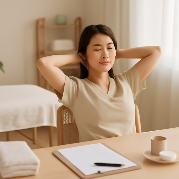 마사지 관리사가 업무를 마치고 정돈된 마사지룸에서 휴식하는 장면