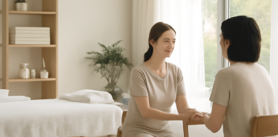 마사지 관리사가 고객과 상담하며 신뢰를 쌓는 넓은 마사지샵 내부 모습