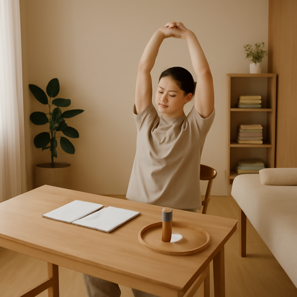 마사지 관리사가 업무 후 휴식 공간에서 체력 회복을 위해 스트레칭하는 모습