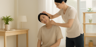 마사지 관리사가 체력 관리를 위해 스트레칭을 하는 모습