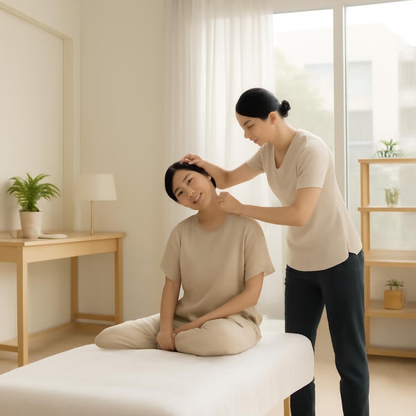 마사지 관리사가 체력 관리를 위해 스트레칭을 하는 모습