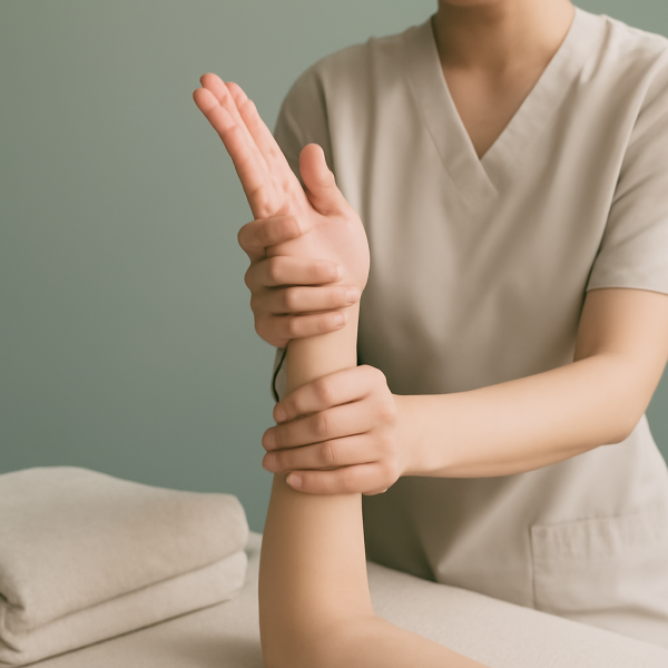 마사지사가 손목과 팔 스트레칭을 하는 디테일한 장면