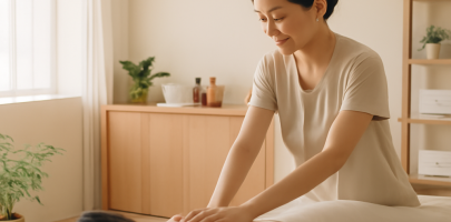 마사지 관리사가 집중해서 고객을 케어하는 넓은 실내 마사지샵 전경