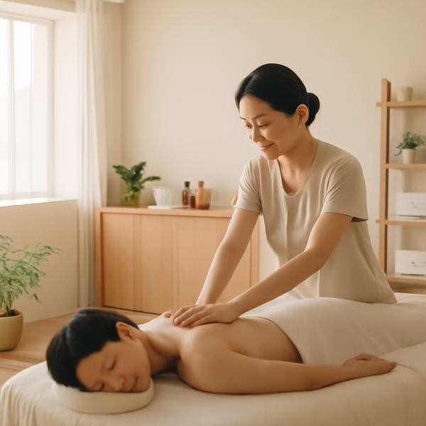 마사지 관리사가 집중해서 고객을 케어하는 넓은 실내 마사지샵 전경