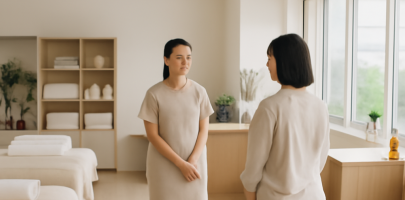 마사지샵 근무 환경에서 일하는 마사지 관리사의 전경