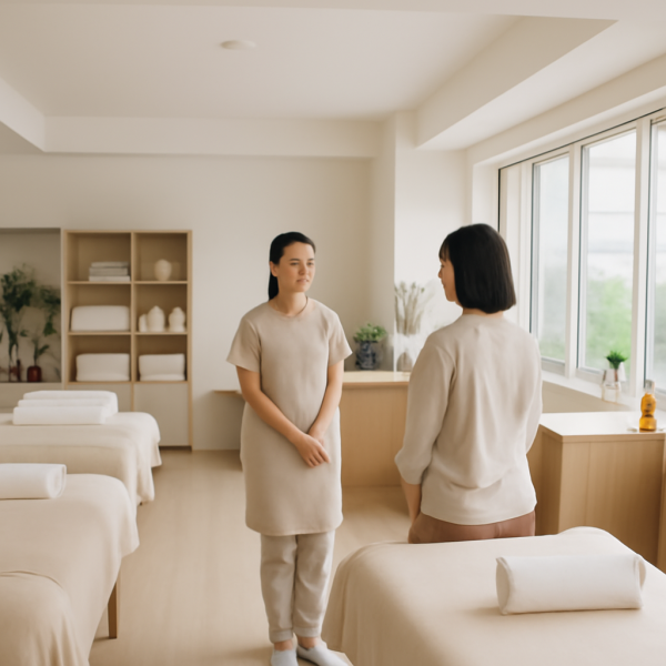 마사지샵 근무 환경에서 일하는 마사지 관리사의 전경