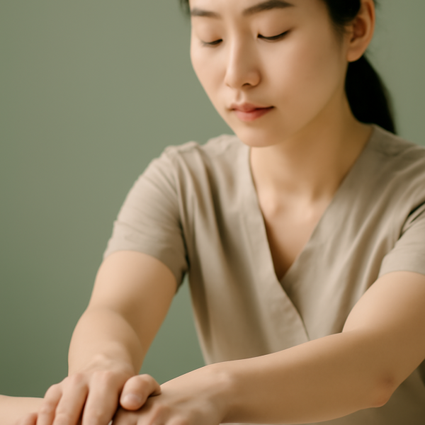 마사지 관리사가 스트레스 완화를 위해 심호흡하는 모습 클로즈업