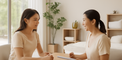 마사지샵에서 고객과 관리사가 상담하는 장면