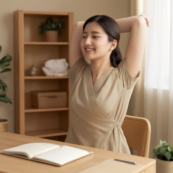 마사지 관리사가 업무 후 휴식을 취하며 스트레칭하는 평온한 작업 공간 모습
